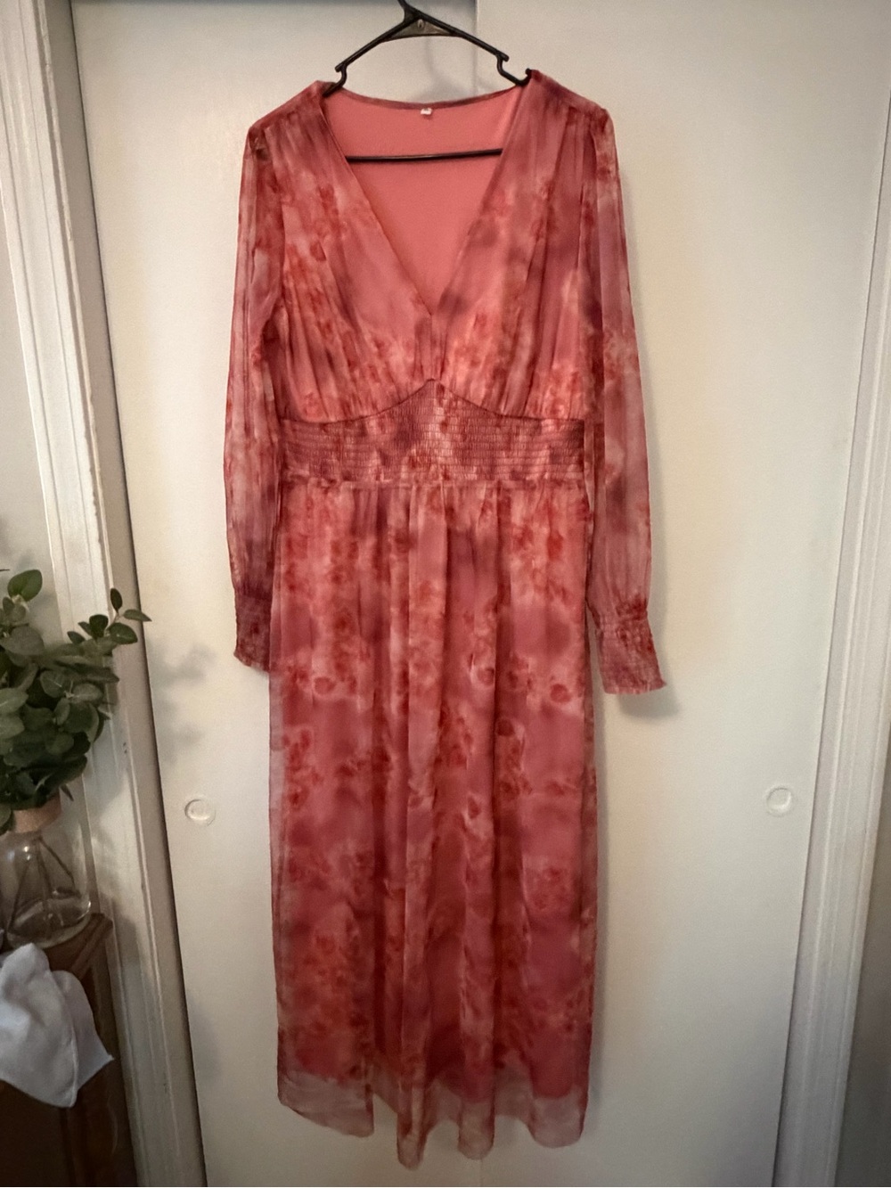Pink Tie-Dye V-Neck Long Sleeve Maxi Dress